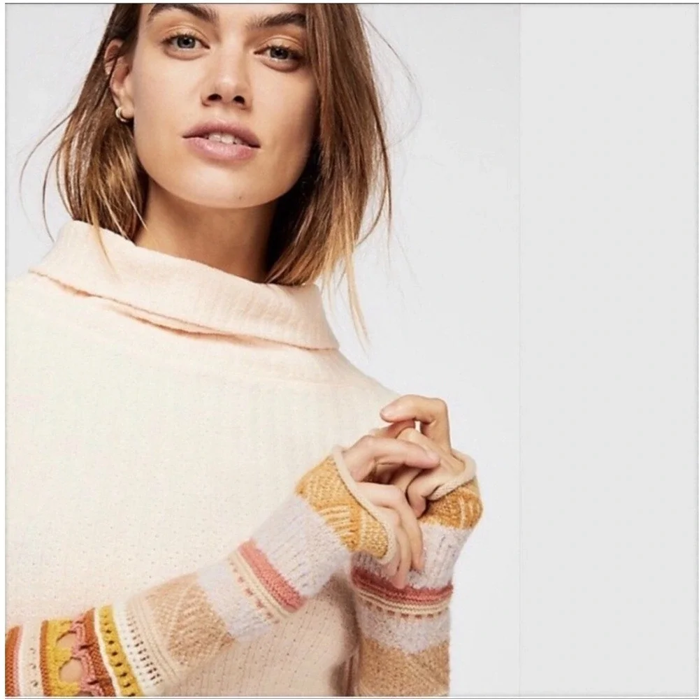 Free People Mixed up Cuff Thermal Sweater Top Peach Large Boho